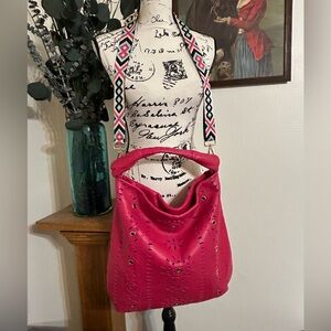 EUC Furla Laser Cut Leather Fuchsia Hobo Bag with unbranded guitar strap